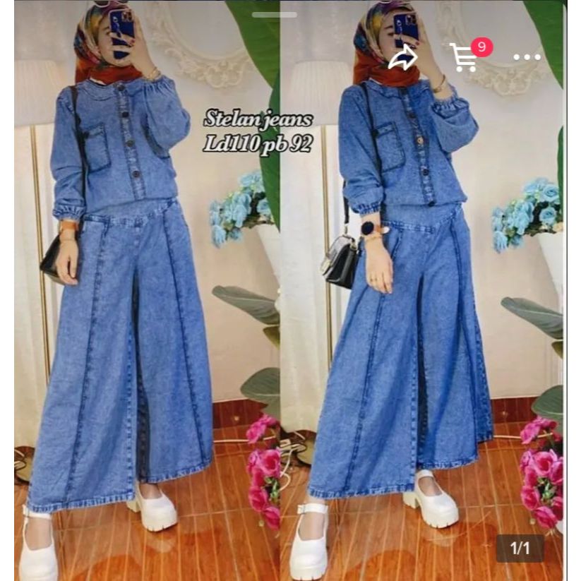 setelan jeans kulot setelan celana kulot,kemeja jeans jumbo,Kulot Jeans Set wanita Jeans wash import