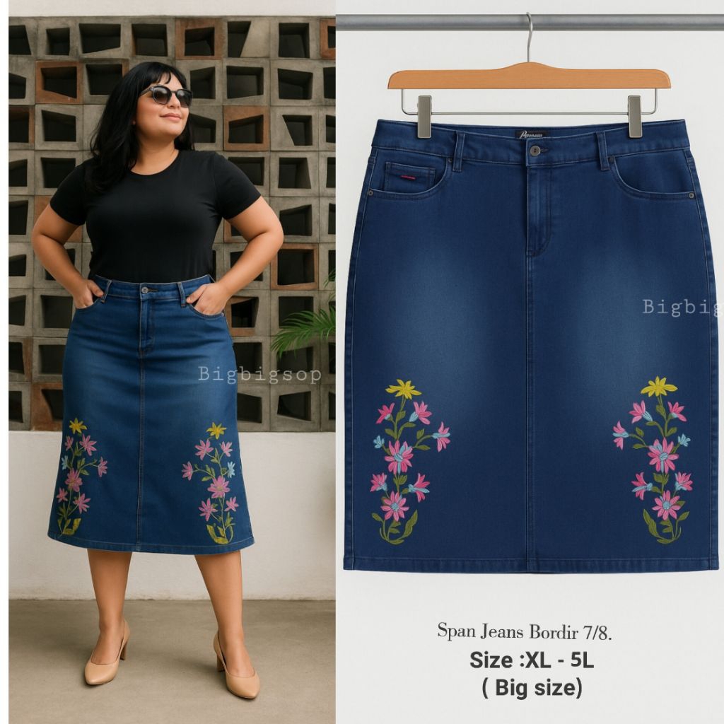 ROK Span Jeans Strerch Bordir Big size,Rok span jeans 7/8,Rok span midi bordir jumbo.