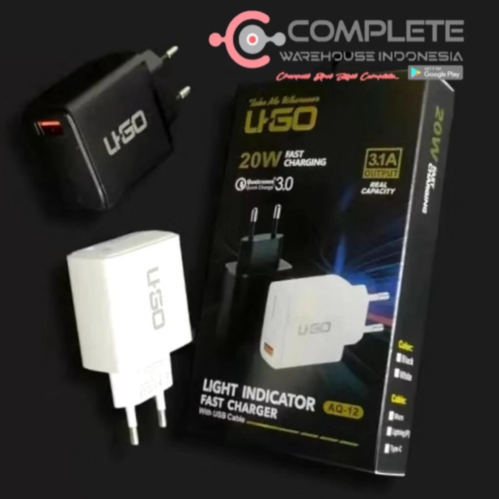 TRAVEL CHARGER UGO AQ12 3.1A 20W LED QUALCOM + 100CM DATA CABLE IPHONE / TYPE-C / MICRO FAST CHARGE