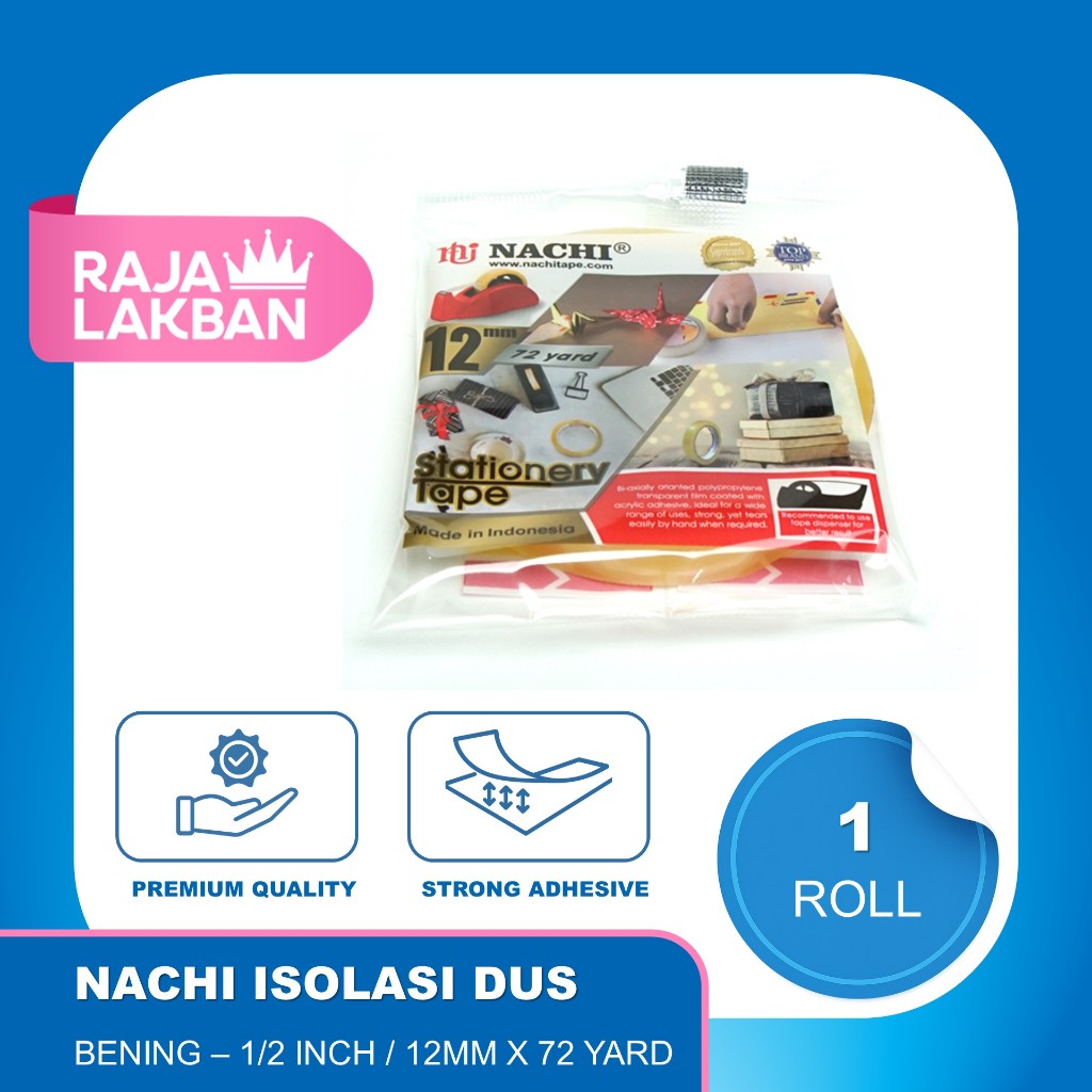 

Isolasi Selotip Bening Stationery Tape Nachi Dus 0.5 inch 12mm, 1 inch 24mm x 72 Yard/ Bening - Roll