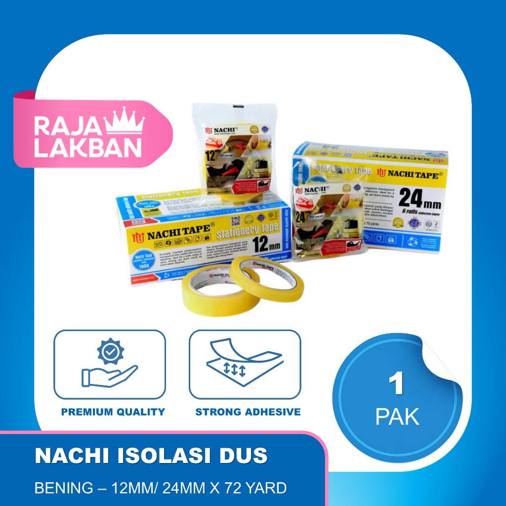 

Isolasi Selotip Bening Stationery Tape Nachi Dus 0.5 inch 12mm, 1 inch 24mm x 72 Yard Bening - Pak