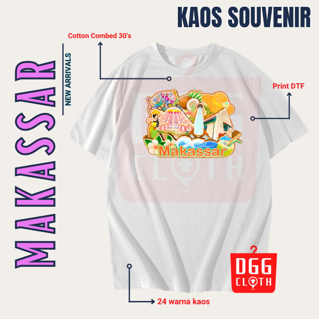 DGG Kaos Oleh-Oleh Makassar White Tshirt Baju Souvenir Kota Makassar Dewasa Anak Type 1