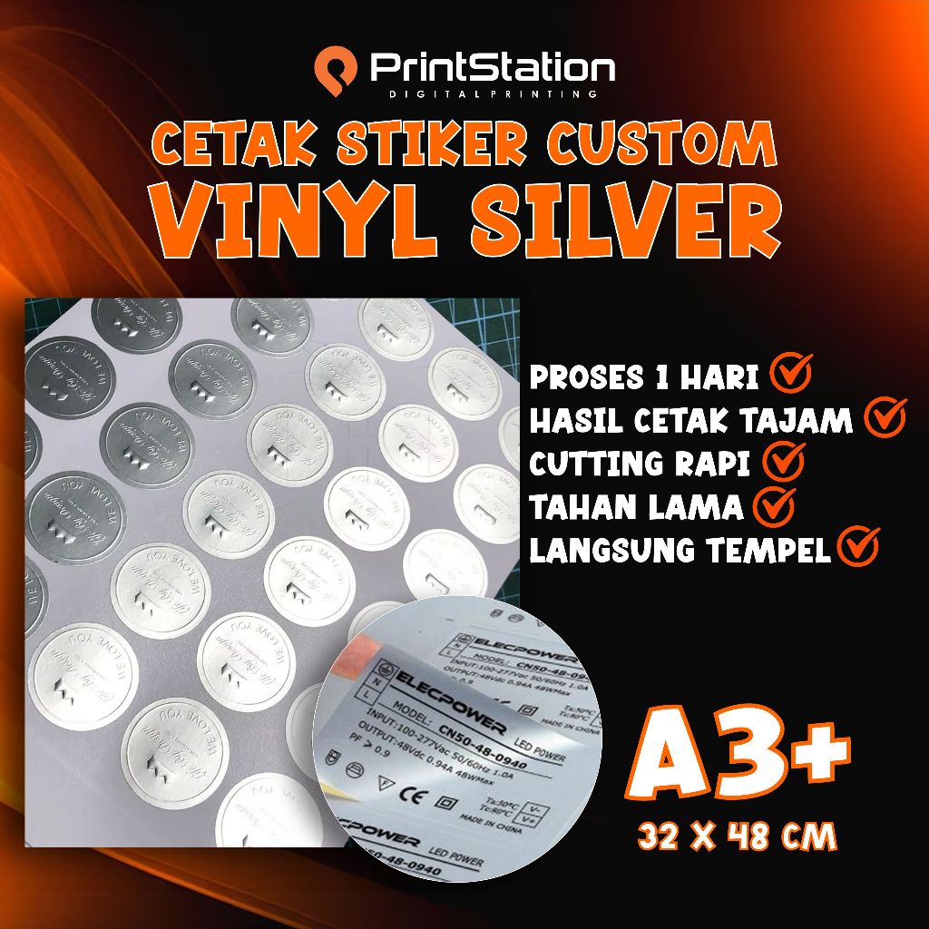 

STIKER STICKER SETIKER VYNIL VINIL SILVER BULAT / KOTAK CUSTOM UKURAN A3 A3+