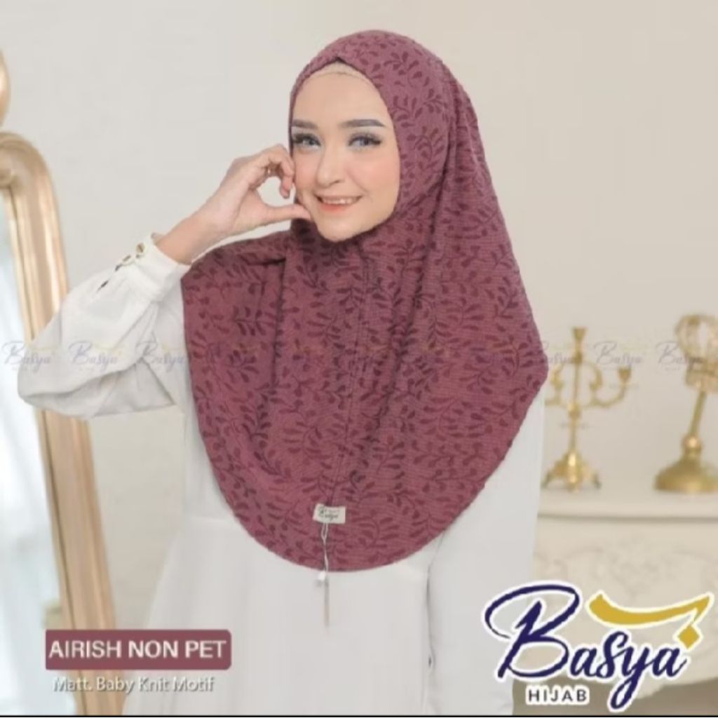 (BASYA KNIT) AIRISH NON PET-knit motif daun jilbab instan Malay kerudung instan dewasa motif
