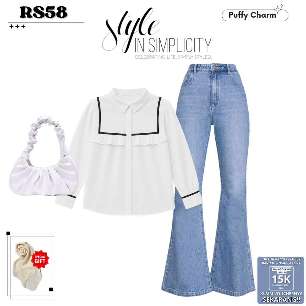 [TRENDING] Outfit Set Classy & Edgy (Set Nonny Blouse Putih, Cutbray Jeans, dan Tas Putih) | RS58
