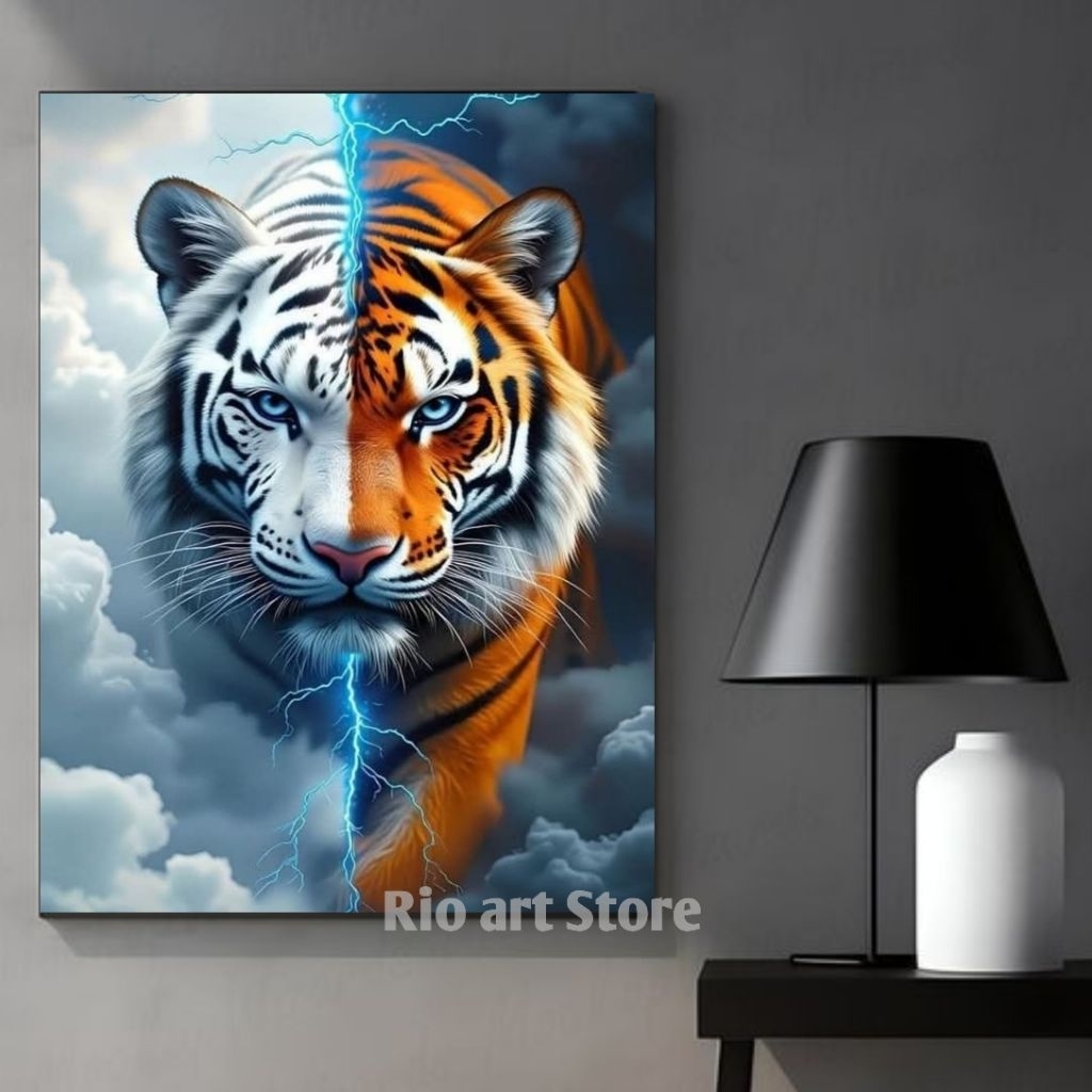 Hiasan dinding poster perpaduan harimau putih dan harimau kuning untuk walldecor atau dekorasi dindi