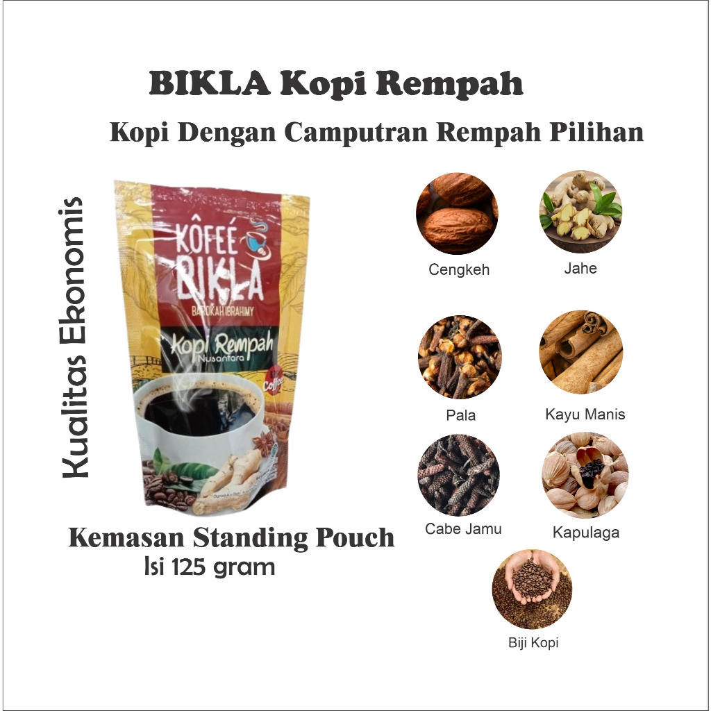 

Bikla Kopi Rempah Kemasan Standing Pouch 100% dari Biji Asli / Kopi Sejati Nusantara