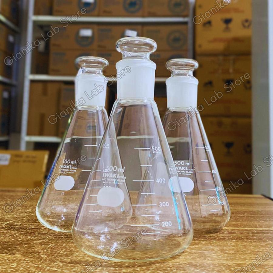 IWAKI Erlenmeyer Flask With Glass Stopper Labu Erlenmeyer Asah Dengan Tutup Kaca - 50ML