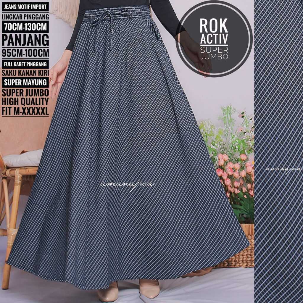 Aktiv rok bawahan jeans wanita muslim super jumbo motif salur garis import premium terbaru kekinian