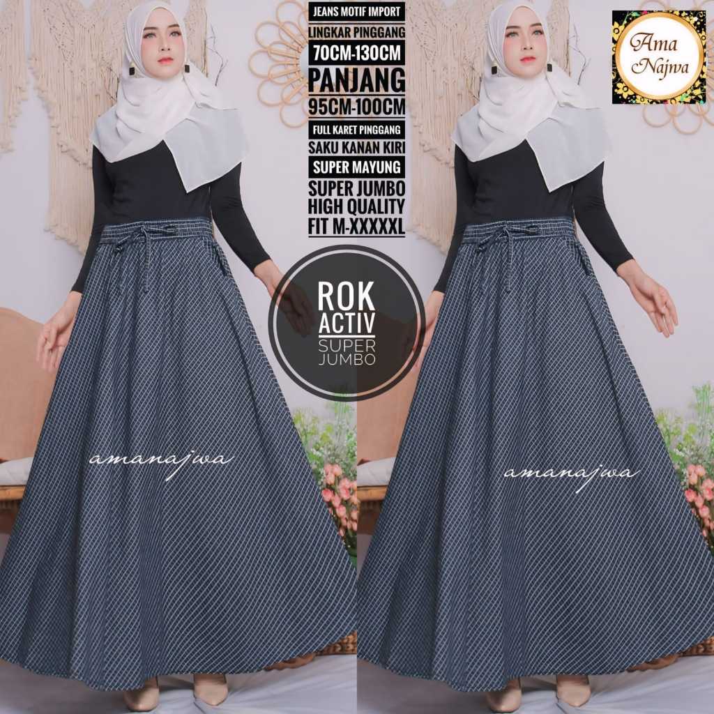 Activ rok bawahan jeans wanita muslim super jumbo motif salur garis import premium terbaru kekinian