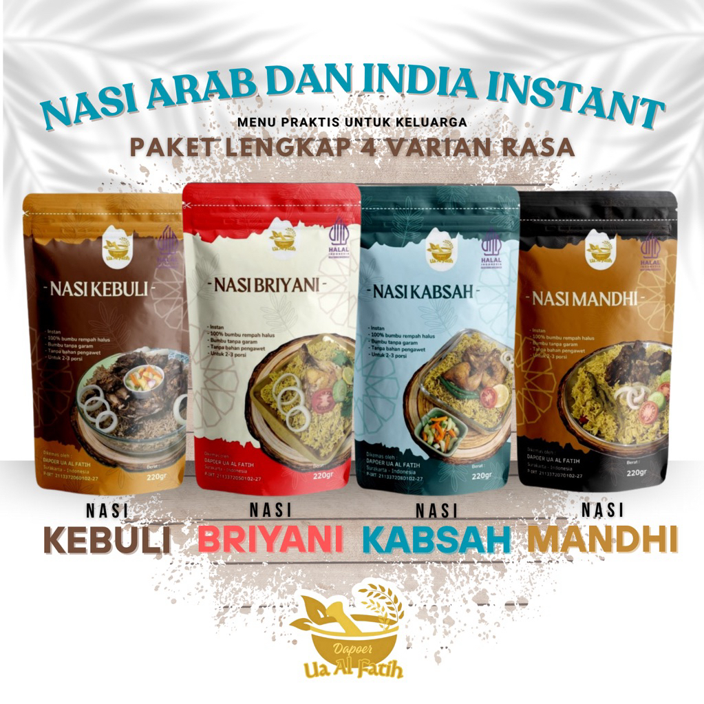 

1 paket instan isi 4 macam (nasi arab nasi india beras basmati + bumbu instan kebuli mandhi kabsah briyani)