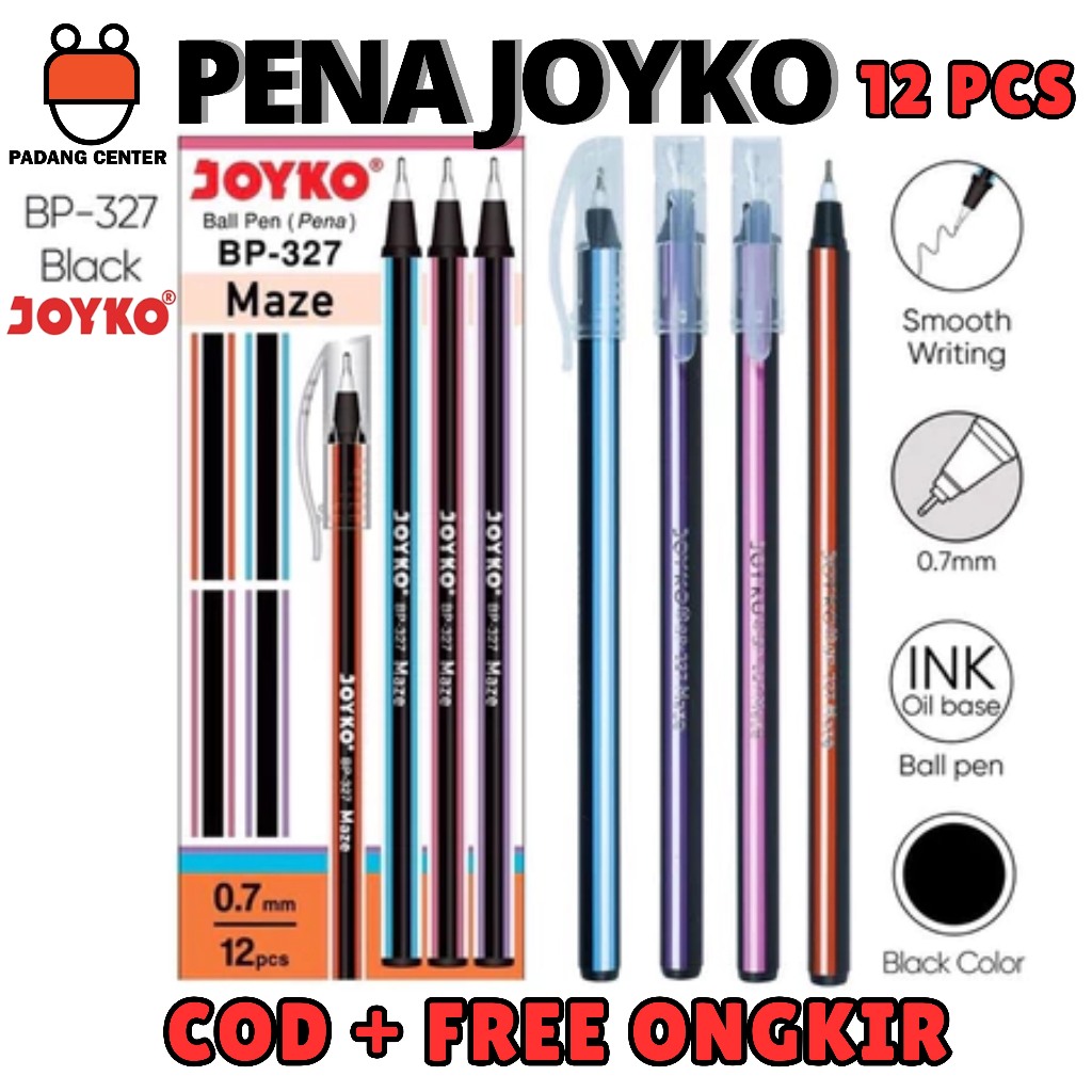 

Pulpen Joyko BP-327 0.7mm Hitam 12 PCS | Pulpen Maze Joyko BP327 Isi 12 pcs | Ballpoint Joyko Original | Pena Hitam Murah & Halus untuk Sekolah Kantor Tulis Menulis