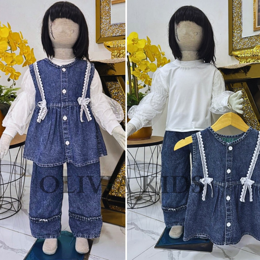Stelan jeans lengan panjang anak perempuan terbaru 2025 model 3IN1 rompi lepas usia 3 - 12 tahun cel