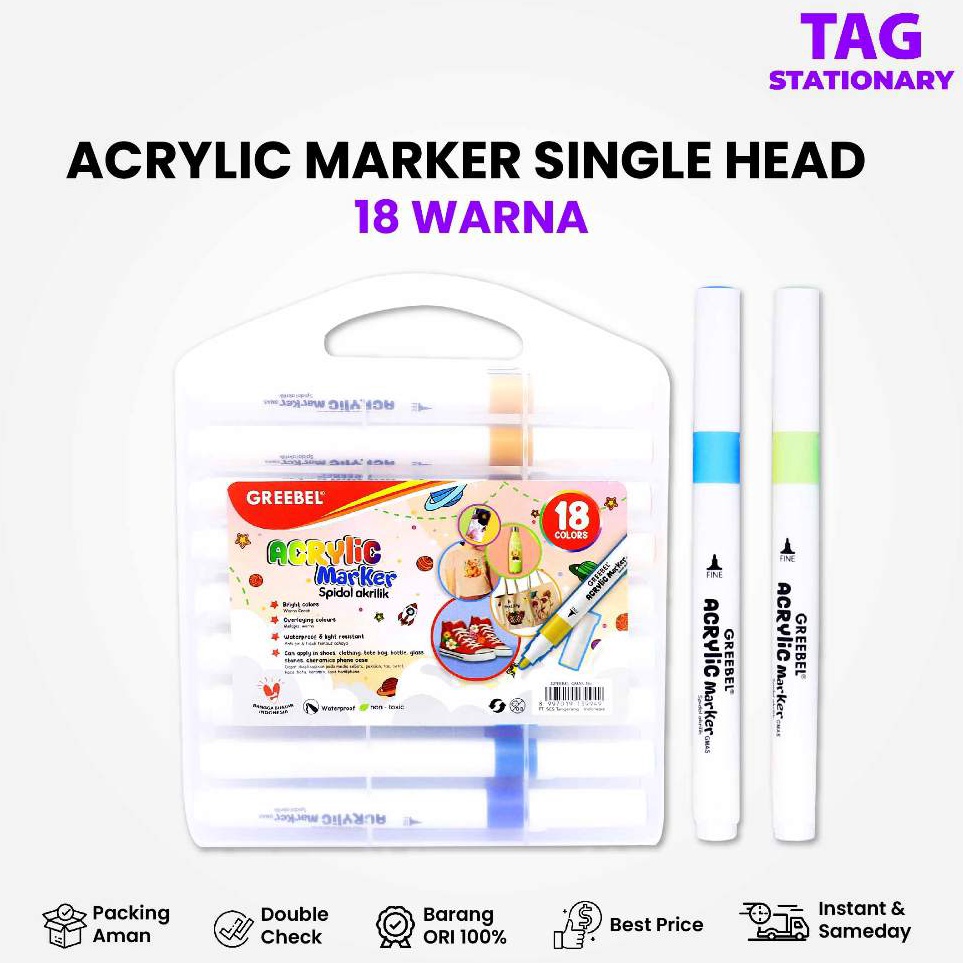 

GREEBEL Spidol Acrylic Marker Single Head GMAS 18 Warna Spidol Warna Warni Timur Agung Grosir KODE Q8C8