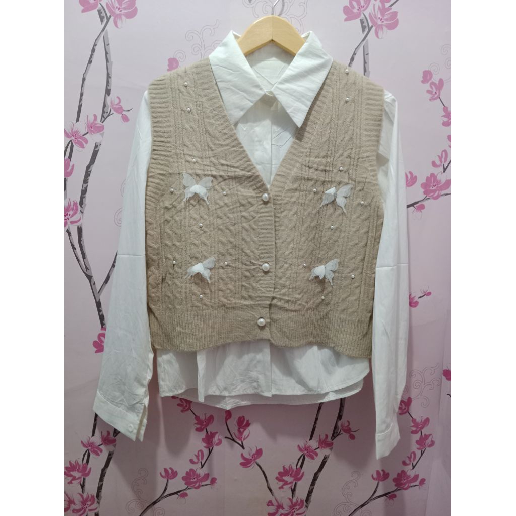 baju atasan wanita katun sliky polos import+rompi rajut kupu-kupu halus lembut import