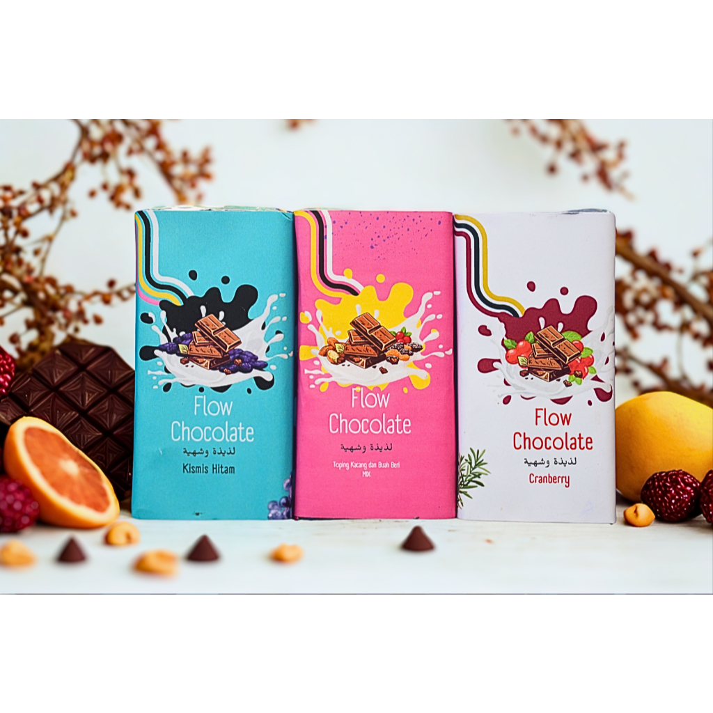 

Flow Chocolate 40g – Cokelat susu premium isi almond, cranberry, kismis. Lezat & lumer di mulut