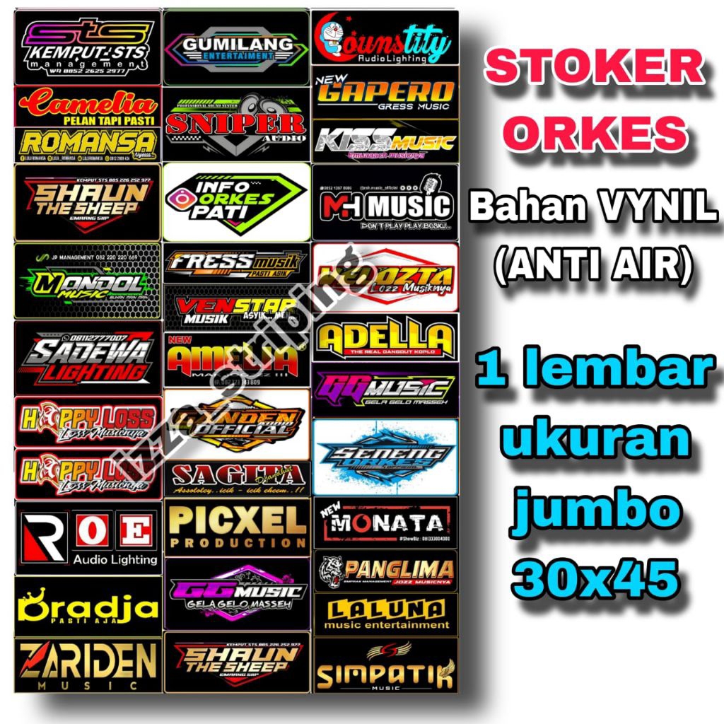 

STIKER ORKES DANGDUT 1 LEMBAR ISI 34 PCS BAHAN ANTI AIR(VYNIL)