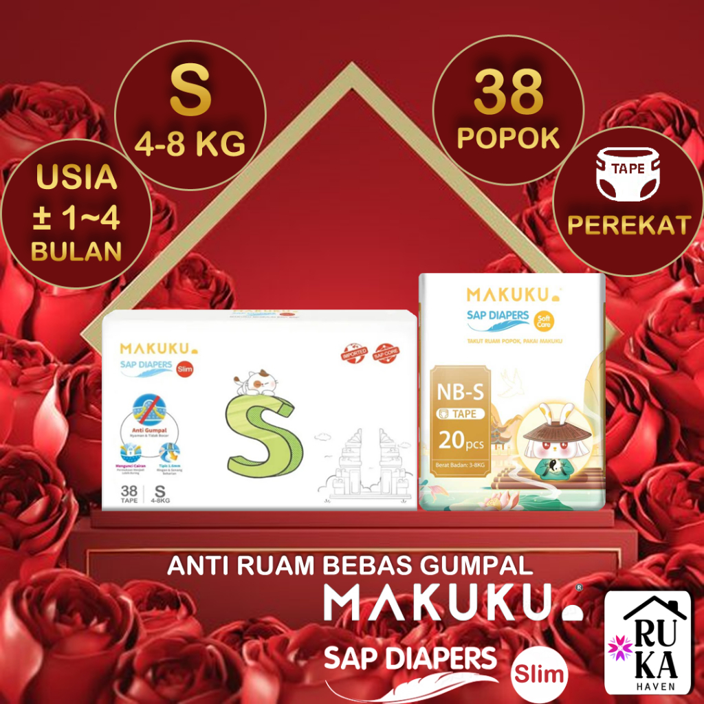 ❇️𝙍𝙪𝙠𝙖 𝙃𝙖𝙫𝙚𝙣 Makuku Slim Tape S38 | Soft Care NB-S20 Tape Isi 38 Popok S Ukuran Bayi 0-4 Bulan 3-8 K
