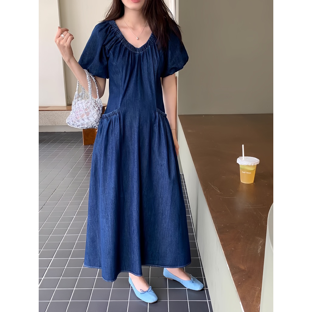 LOHY DRESS - DRESS JEANS POLOS PANJANG MODEL KOREA