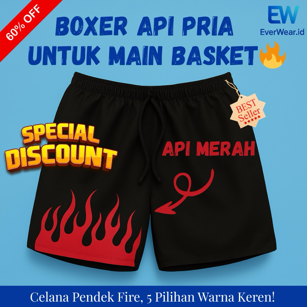 Boxer Basket | Boxer Api Pria | Celana Pendek Nyaman | Kolor Pendek | Pria Wanita Unisex Motif Api