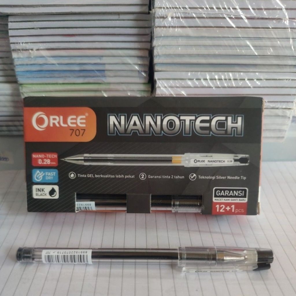 

Pen Gel/ Pen Jel/ Bolpoin Gell/ Gel Ink Pen NANOTECH ORLEE 707 tinta 0.28 harga per 1 pack murah grosir