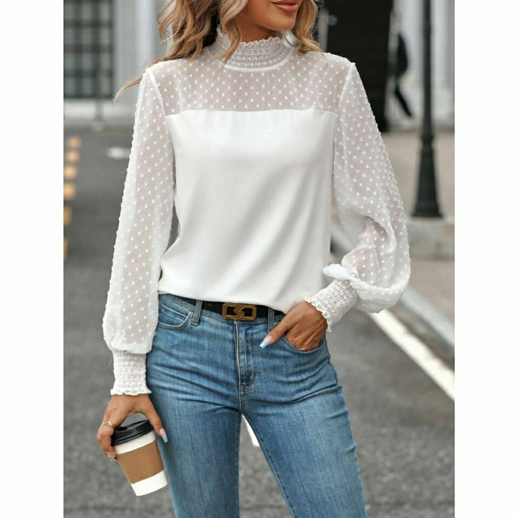 BROWNY BLOUSE CROP LACE STRETCH TOP PUFF SLEEVE KOREA ORIGINAL