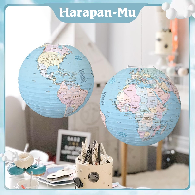 1Pasang Kertas Gantung Peta Dunia / LED Lampion Kertas Gantung / Globe Bola Dunia Lampion
