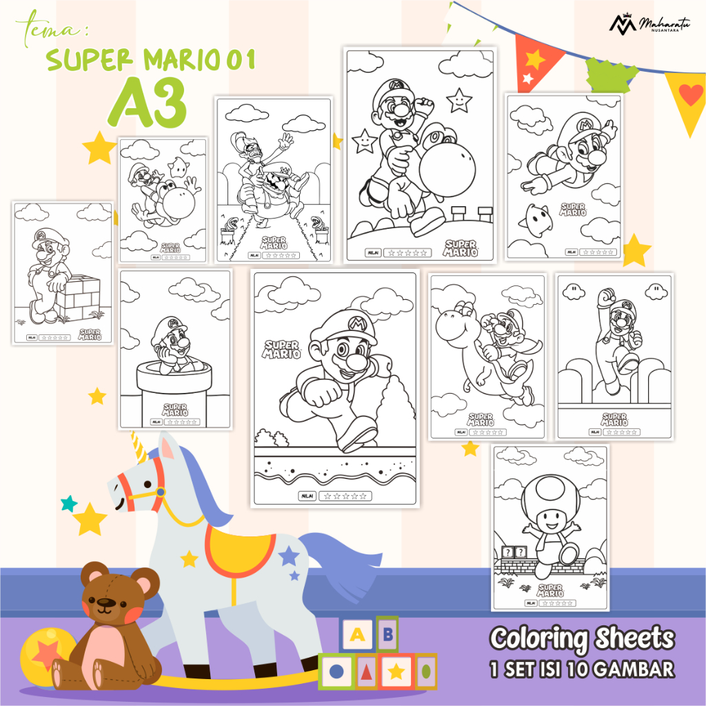 

[SUPER MARIO 01] KERTAS MEARNAI UNTUK ANAK UKURAN A3 - LEMBAR BER GAMBAR READY STOCK - COLORING SHEETS 1 SET