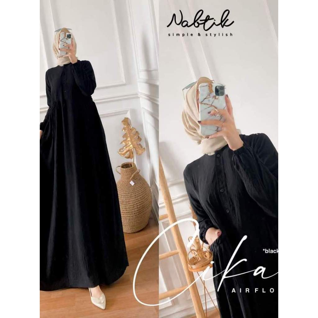 Gamis Wanita Hitam Polos Crinkle Premium//Gamis Cika Bahan Crinkle Airflow Premium Elegan Simpel Bus
