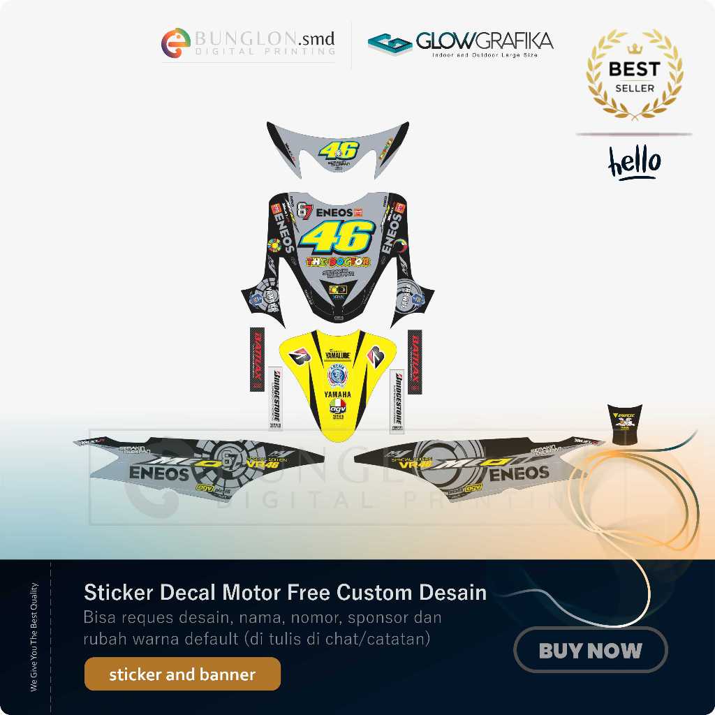 DECAL STIKER MOTOR CUSTOM YAMAHA MIO SMILE EDISI KUNING ABU HITAM VR 46