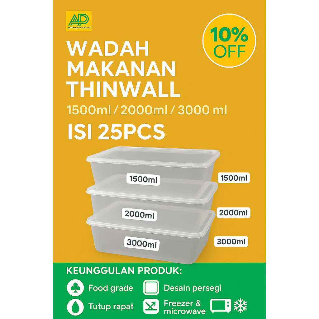 Thinwal Square 1500ml Isi 25 Pcs JD / [ISI 25 PCS] Thinwall Merk JD Square 2000ml 2400ml 3000ml / Ko