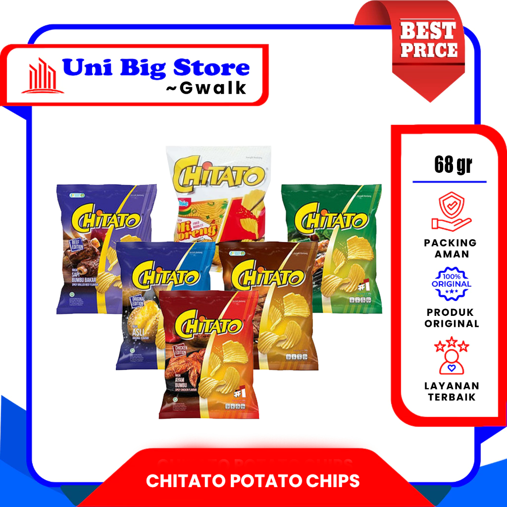 

CHITATO POTATO CHIPS ORIGINAL - SAPI PANGGANG - AYAM BARBEKIU - SAPI BAKAR - 68 gr