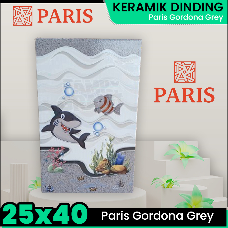 Keramik Dinding 25x40 Paris Gordona Grey Wall Tile Kamar Mandi Motif Ikan Glossy Emboss