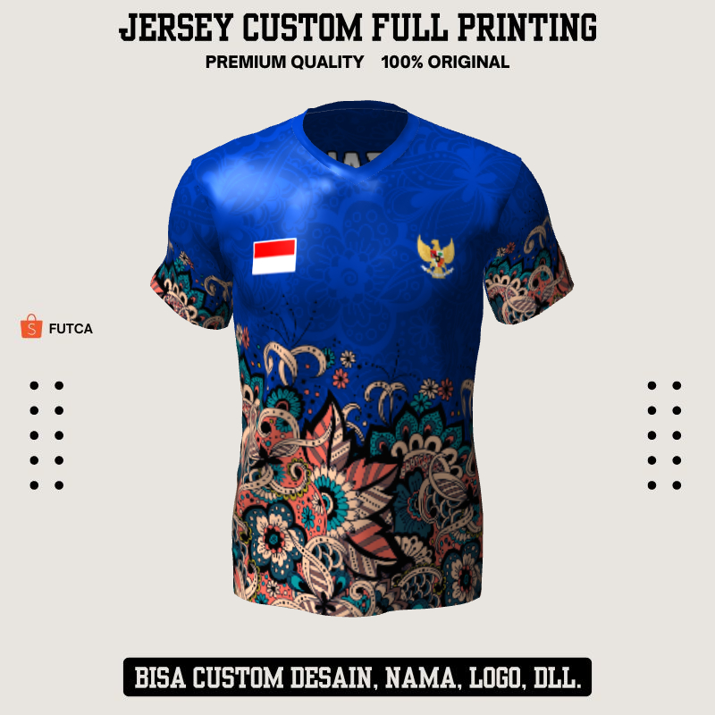 Kaos Jersey Futsal Biru Motif Batik 214 - Jersey Olahraga Custom Full Printing
