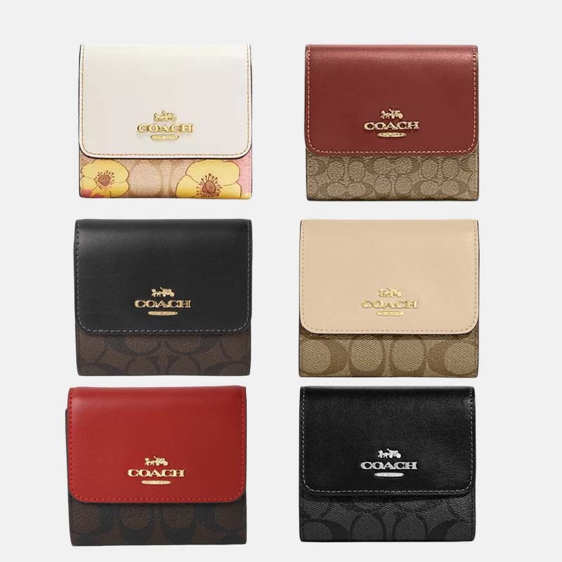 COACH Small Trifold Wallet In Blocked Signature Canvas Dompet Coach Dompet Wanita Dompet Lipat Wanit