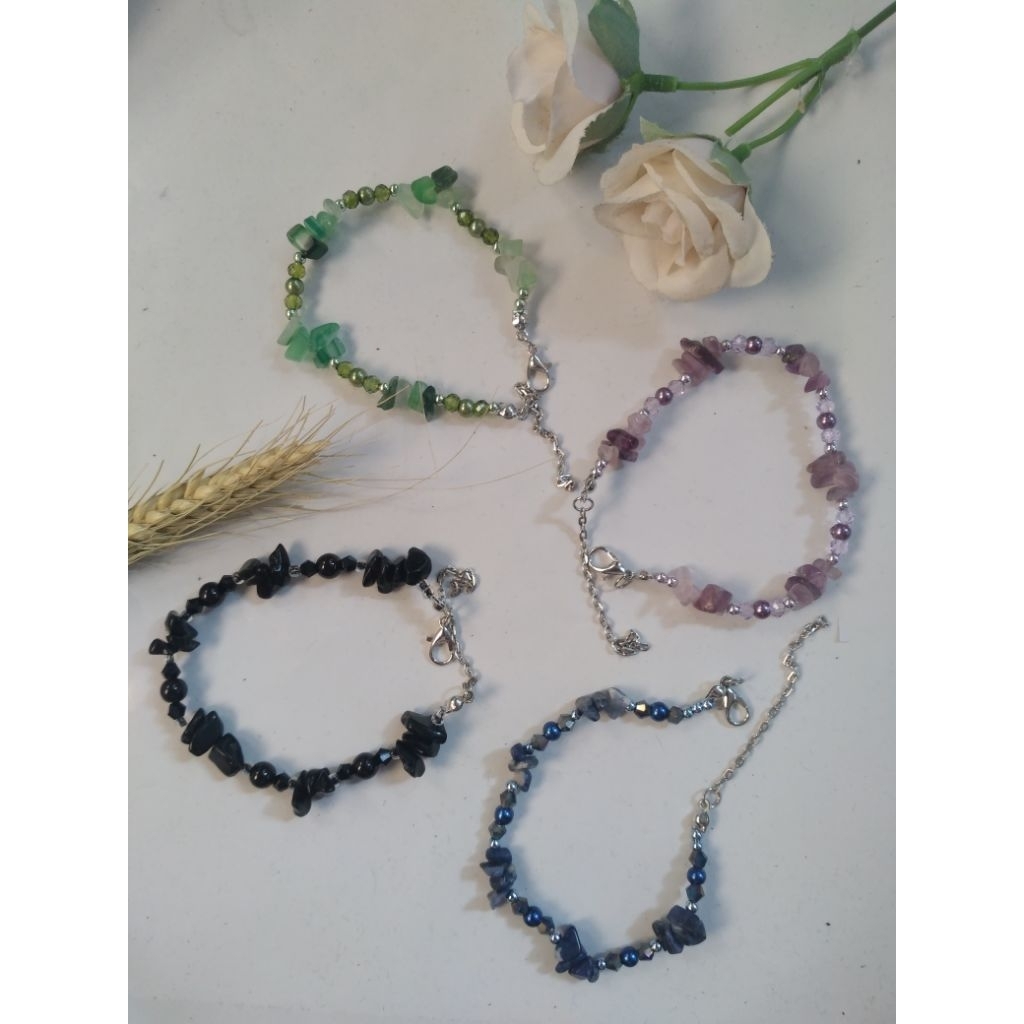 Gelang Batu Kombinasi Crystal Ceko Mute Mutiara / Gelang Rantai Manik Batu