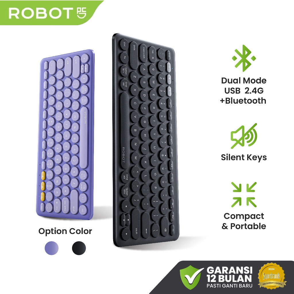 ROBOT Keyboard Wireless 3 Koneksi Bluetooth USB Silent Keys Multi-Device Untuk Ipad Tablet Keyboard 