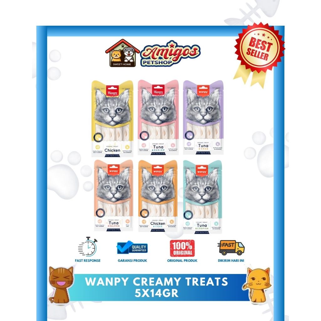 Wanpy Creamy Treats 5x14gr - Snack Kucing - Amigos Petshop Makassar
