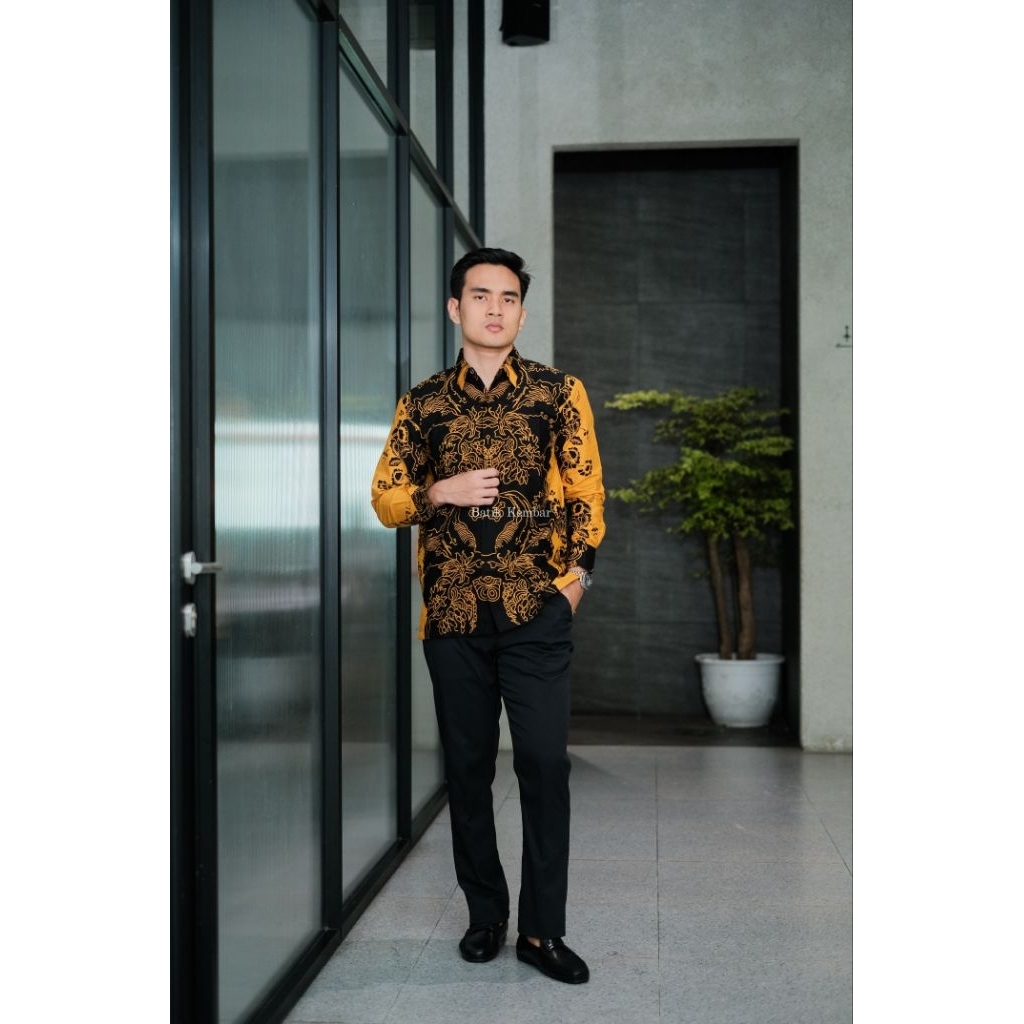 Baju Batik Pria Reguler LENGAN PANJANG Motif KANZA KUNING Kain Katun Lapisan Furing Baju Kantor Baju