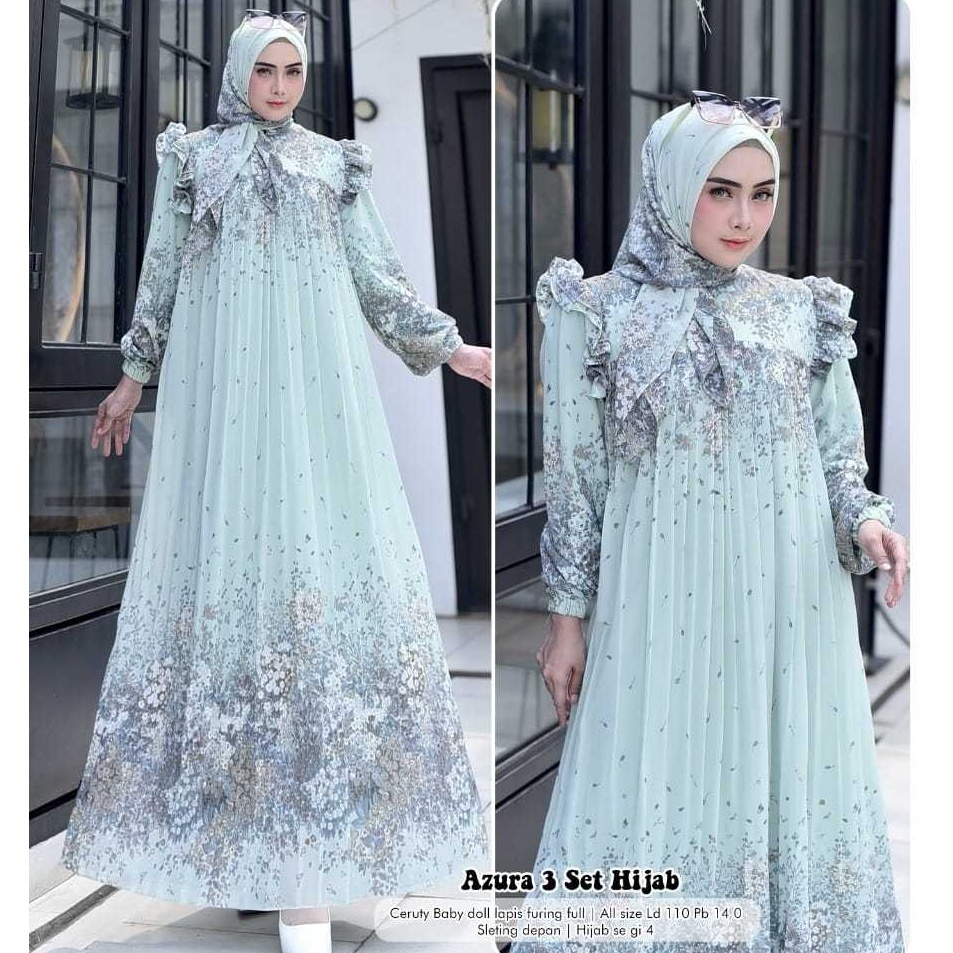 Terbaru Azura 3 set hijab segi4  gamis dress plisket  gamis wanita kekinian  terbaru