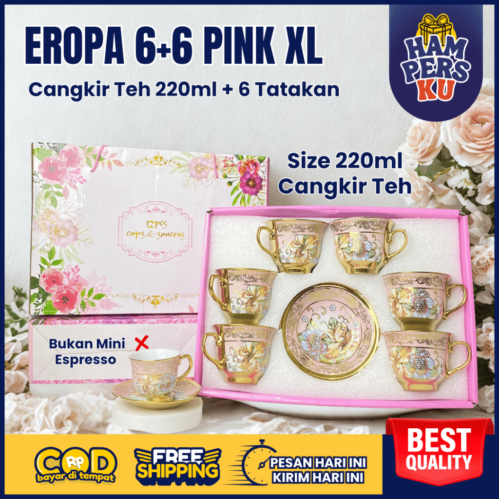 PAKET Eropa XL Cangkir Keramik + Piring Lepek Tatakan besar Set 6 in 1 Tea Cup Teh Kopi Minum Dapur 
