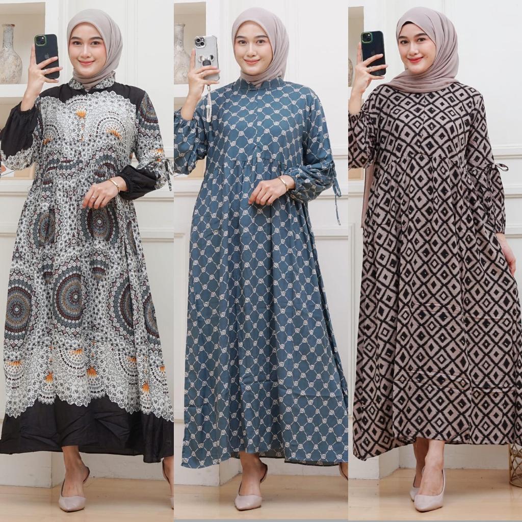 Dress Pita Lengan Balon Bahan Rayon, gamis muslim wanita panjang 130 cm cantik lembut nyaman