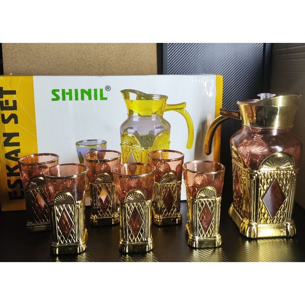 SHINIL Gelas Kaca Eskan Set Gold 7 Pcs Style Kerajaan