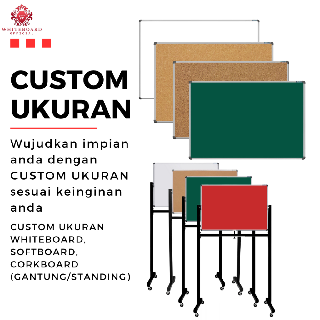 

Custom Ukuran Papan Tulis Whiteboard / Softboard / Corkboard / Softboard Bludru / Gantung / Standing