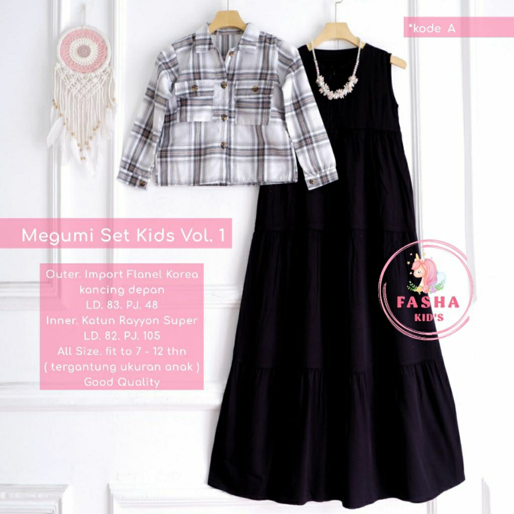 New Megumi set dress outer flanel motif kotak anak remaja usia 7-12tahun motif