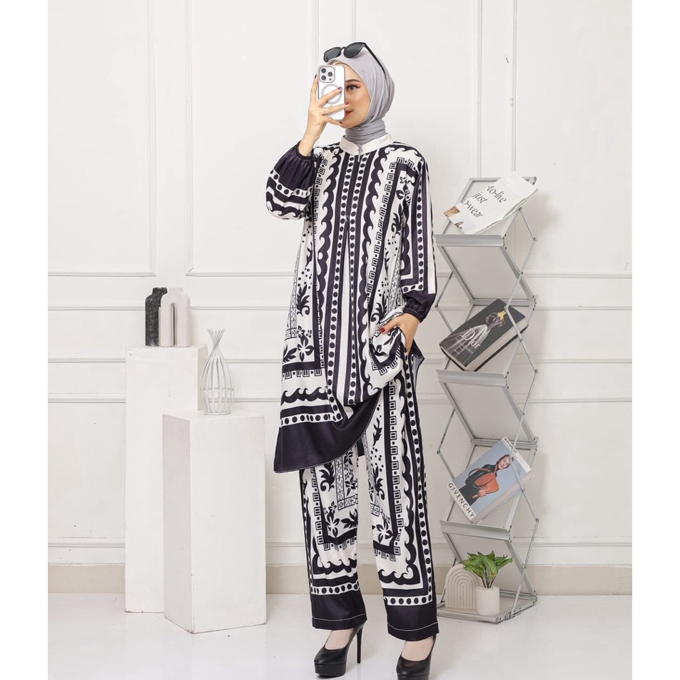ONE SET TUNIK SETCEL MOTIF VIRAL SHAKILA PRINTING LONG TUNIK KANCING BUSUI BUMIL JUMBO BIGSIZE XXL T