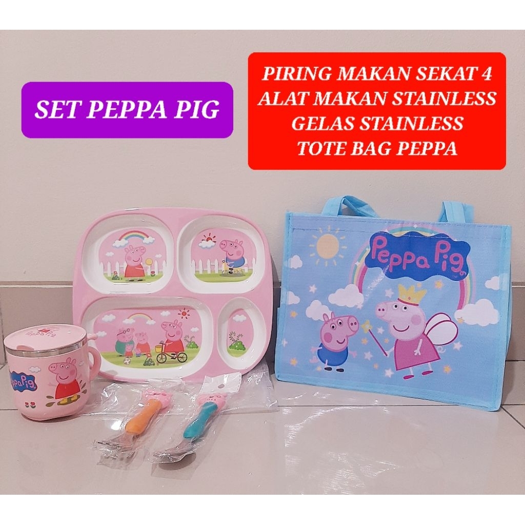 piring makan peppa gelas stainless peppa sendok garpu alat makan peppa piring sekat 4 peppa pig set 
