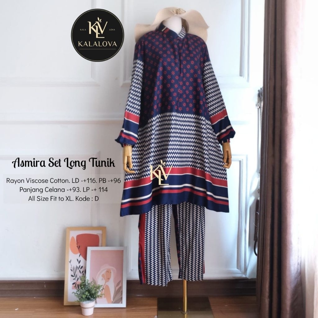 Kalalova - Asmira Abstrak Set Long Tunik | Setelan Wanita Rayon Viscose Cotton Motif Terbaru
