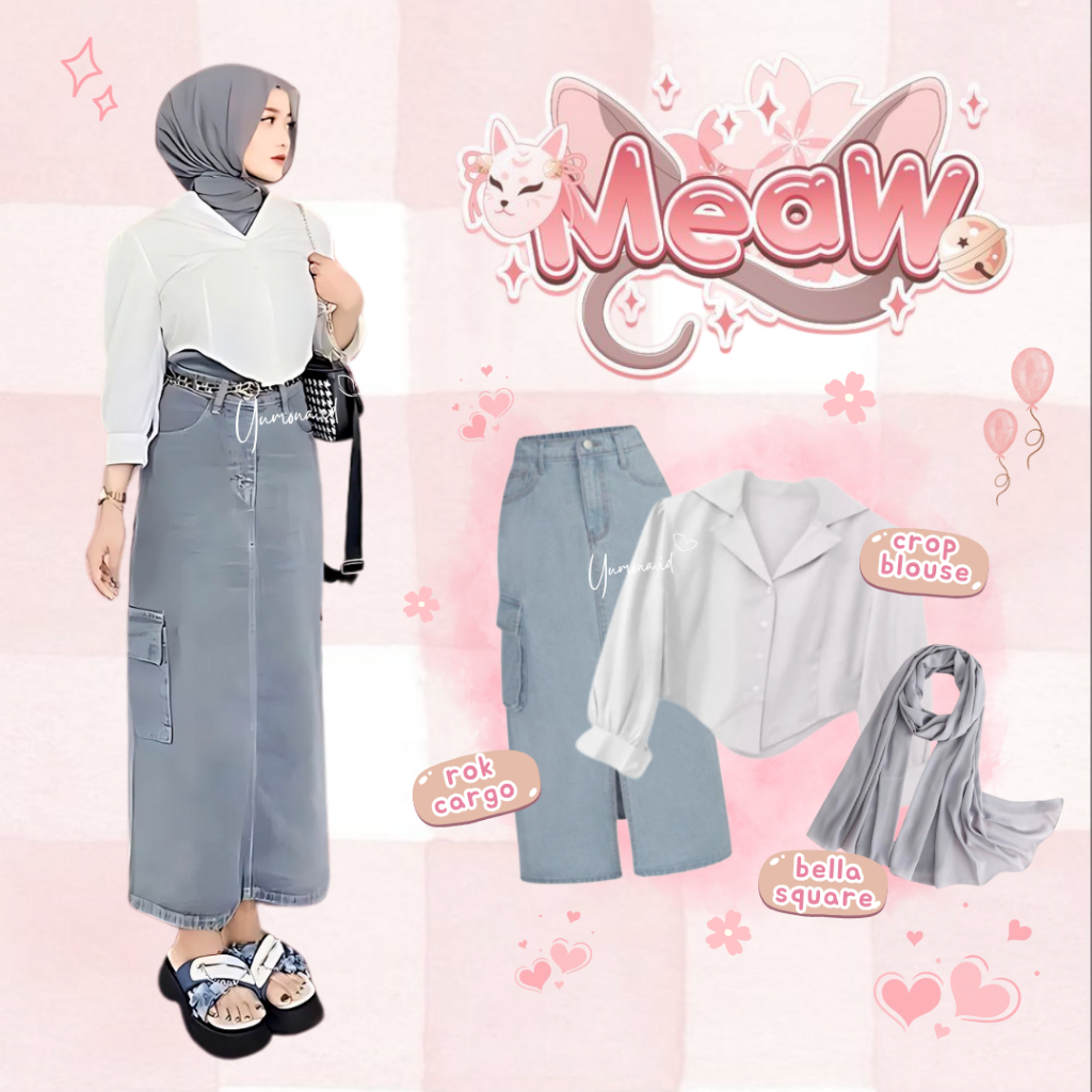 One Set Wanita Remaja Kekinian (Rok Cargo, Blouse Crop, Hijab) Outfit Korea Style Hijab - Z32