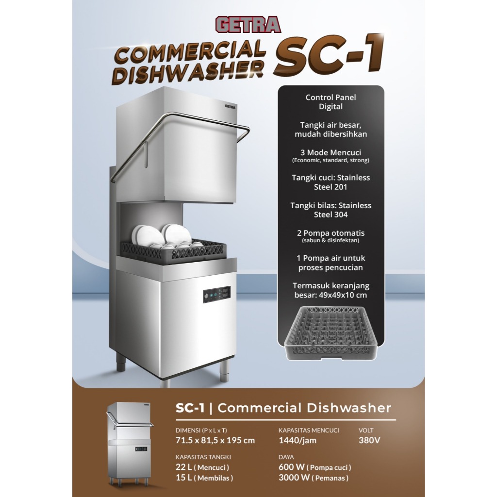 Mesin Cuci Piring Otomatis Getra SC 1 Commercial Dishwasher 3 Mode Mencuci